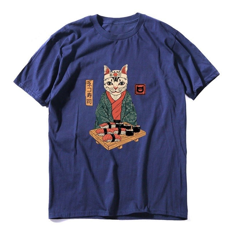 navy color mens cat shirt featuring a cat sushi master with a plate of sushi