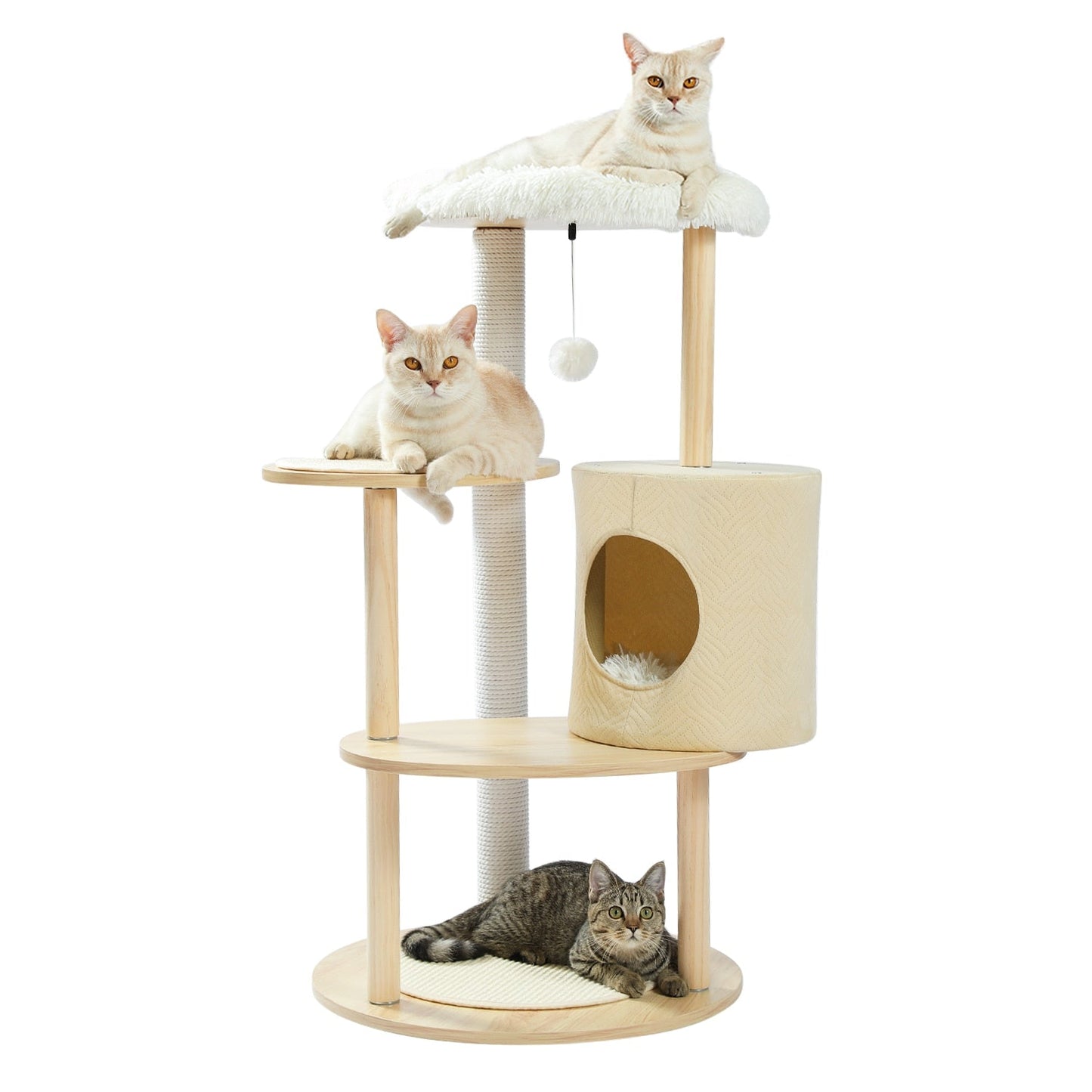cats chilling on a modern cat tree tower 