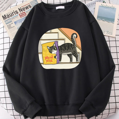a black color cat themed sweatshirts with a picture of a cat hiding behind cat food