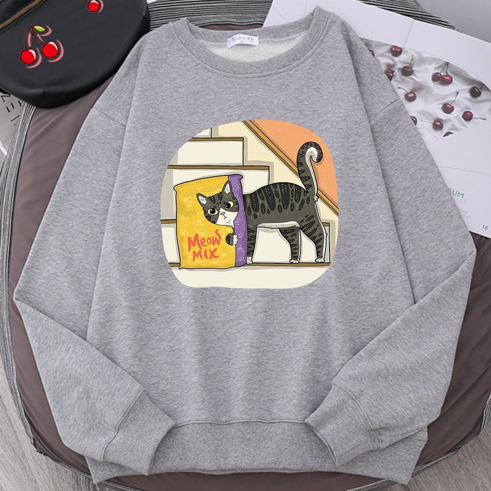 a grey color cute cat print sweater with picture of cat hiding behind cat food