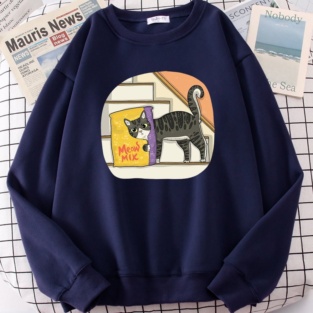 a navy blue cat sweaters for humans with a picture of cat hiding behind meow and mix cat food