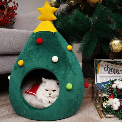 enclosed style bed made for cats in a unique christmas tree design