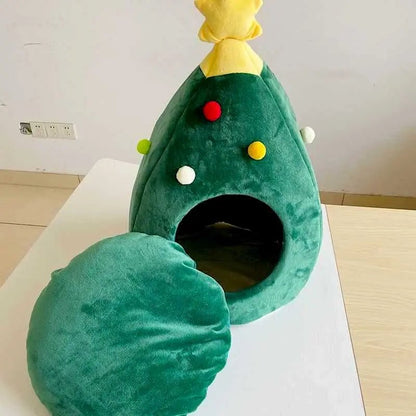 cat house in christmas tree design that looks adorable