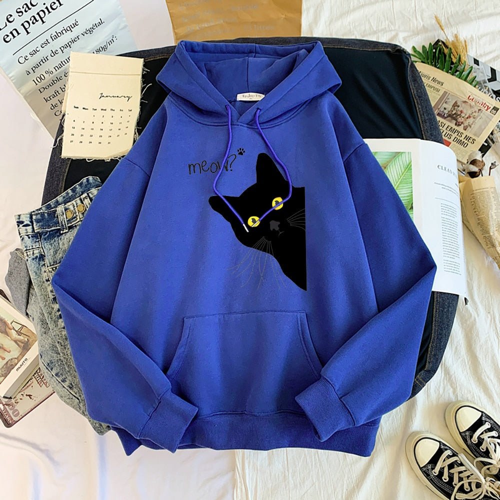 'Meow?!' Sneaky black cat hoodie for female