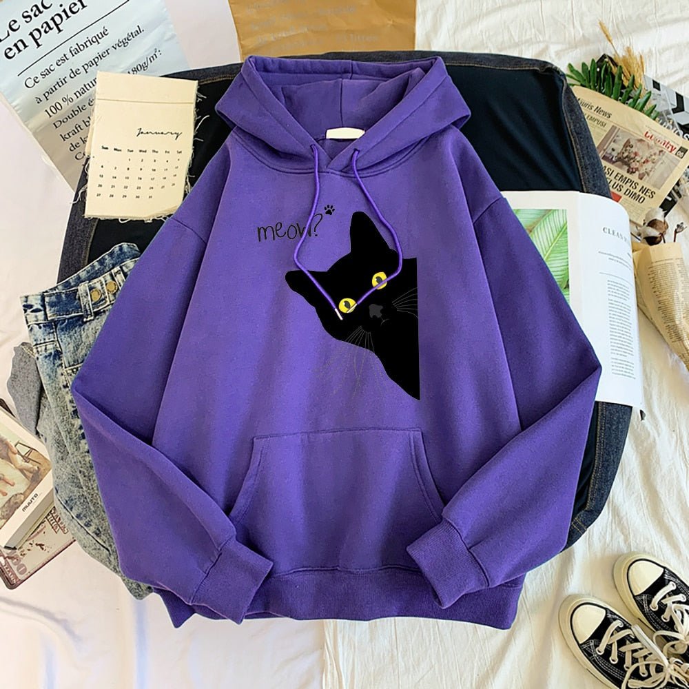 'Meow?!' Sneaky black cat hoodie for female