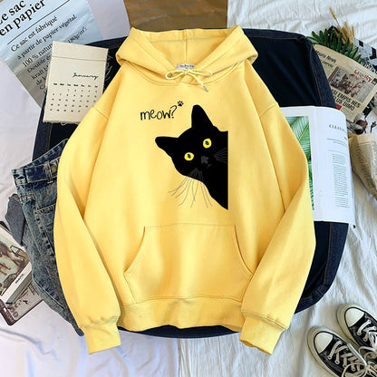 a yellow color fun and comfortable black cat hoodie for unisex wear, featuring an adorable sneaky  black cat on it with "Meow" quote, perfect for adding a touch of humor to any casual outfit