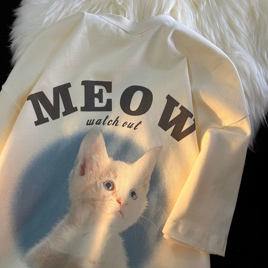 meow watch out cute cat lover t shirt in white color