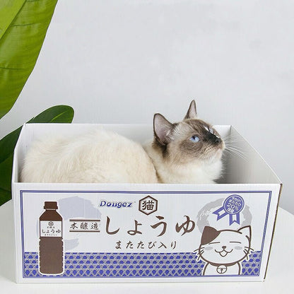 simple box design cat bed that comes with a scratcher in white and purple color