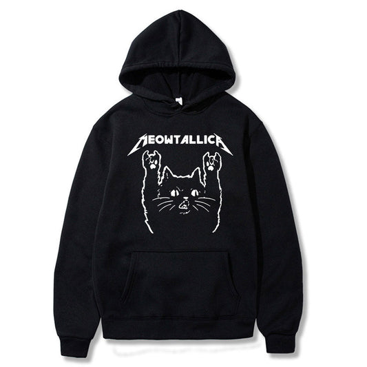 a black hoodie with printed cartoon cat showing rock signs with the word meowtallica made for cat dads who love rock musics