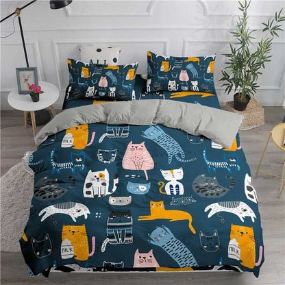 cat bedspread in navy blue color with set of cartoon cat illustrations