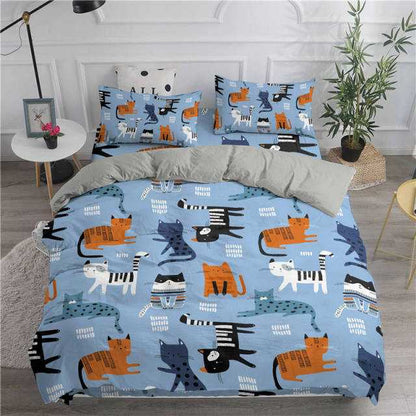 comforter set in baby blue color with cute cartoon cats in different breeds that looks adorable for kids and adults