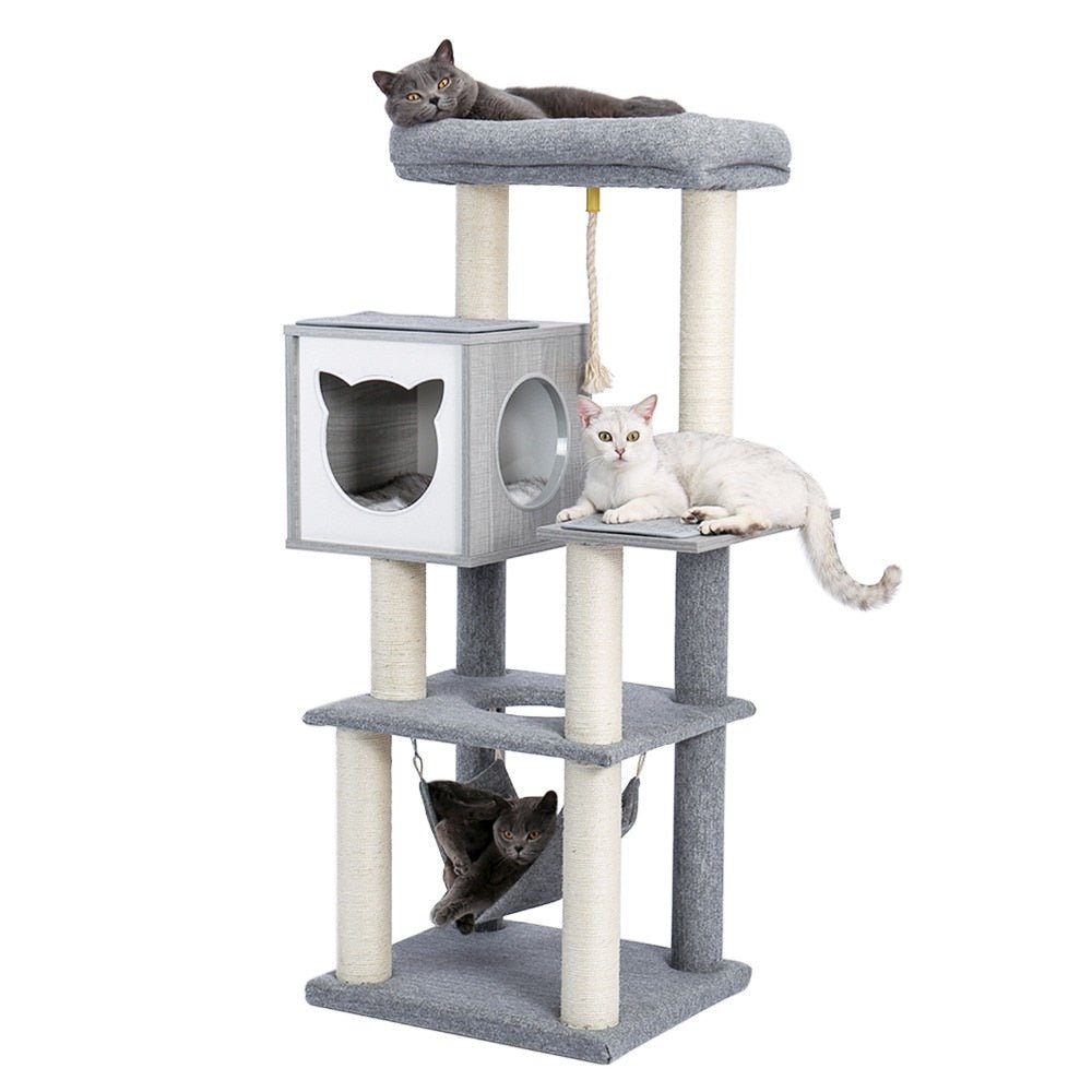 cats chilling on a deluxe cat tree in grey color