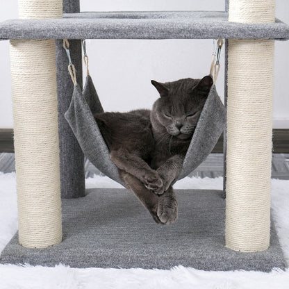 a hammock from a grey cat tree