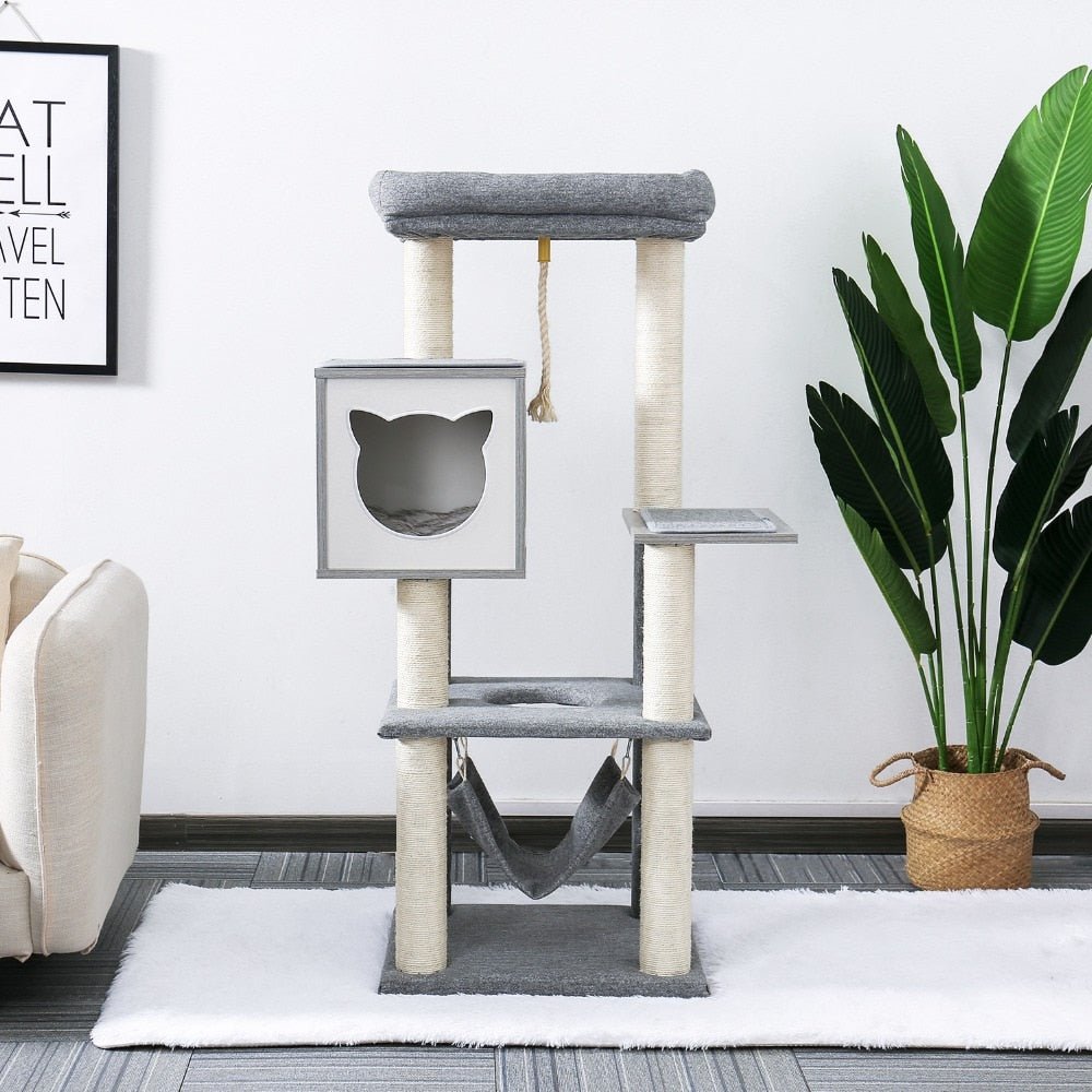 a grey color modern cat tree with scratcher, hammock, and interactive toys