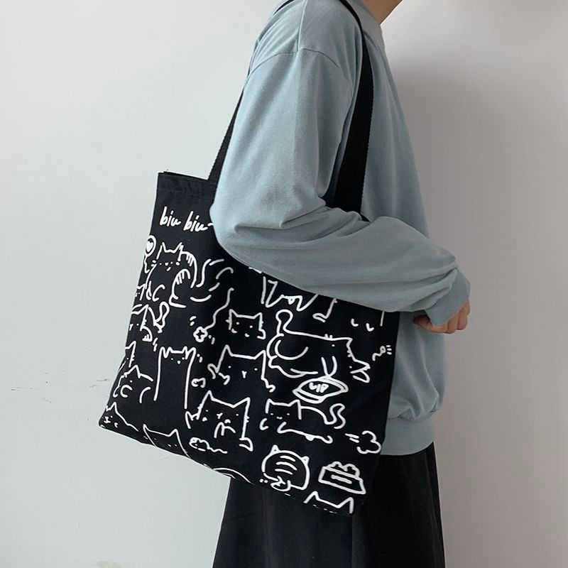 Abstract Cartoon Cat Designed Minimalist Tote Bag with biu biu words that is so cute and playful