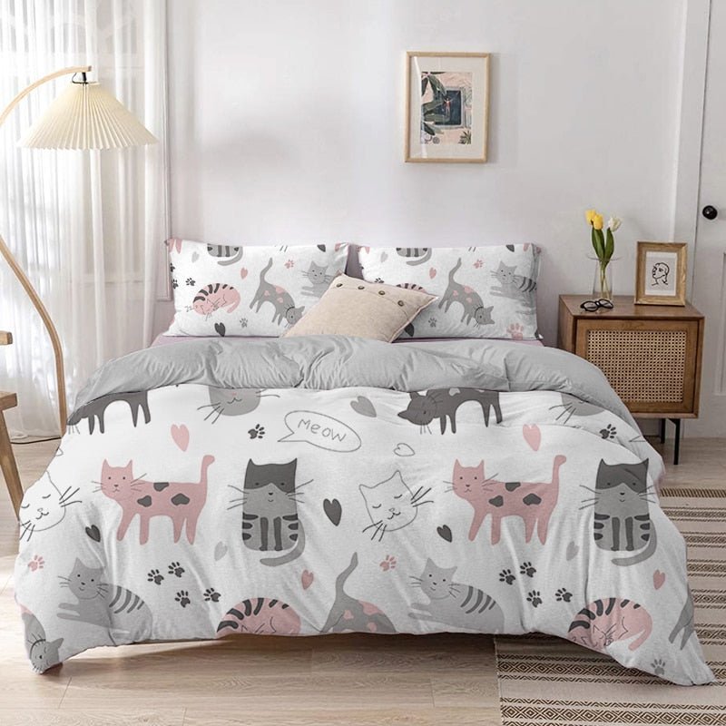 grey and pink cat bed sheets with minimalist design