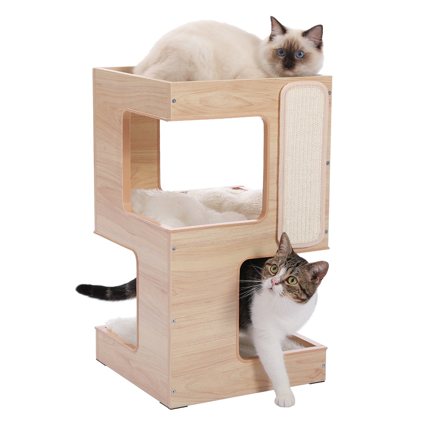 cats playing in a modern cat tree tower