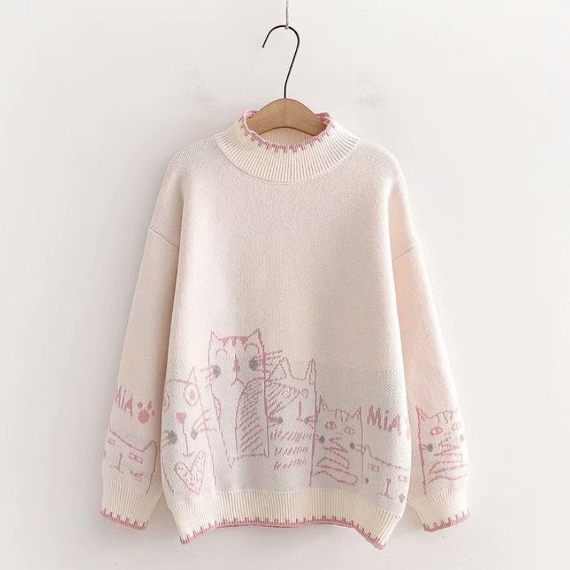 a white and pink color cat sweaters for humans with cute cat designs