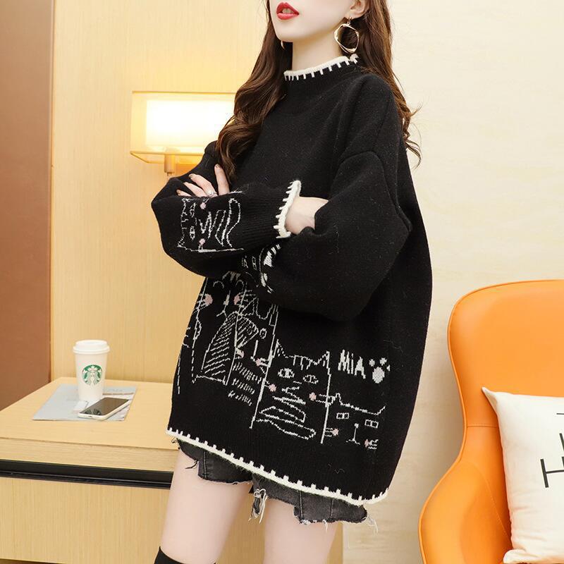 a black color embroidered cat sweater with minimalist cat design