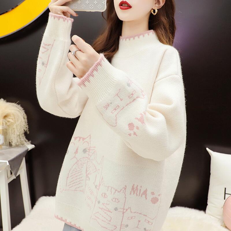 a white color cute cat lady sweater with cute cats designs