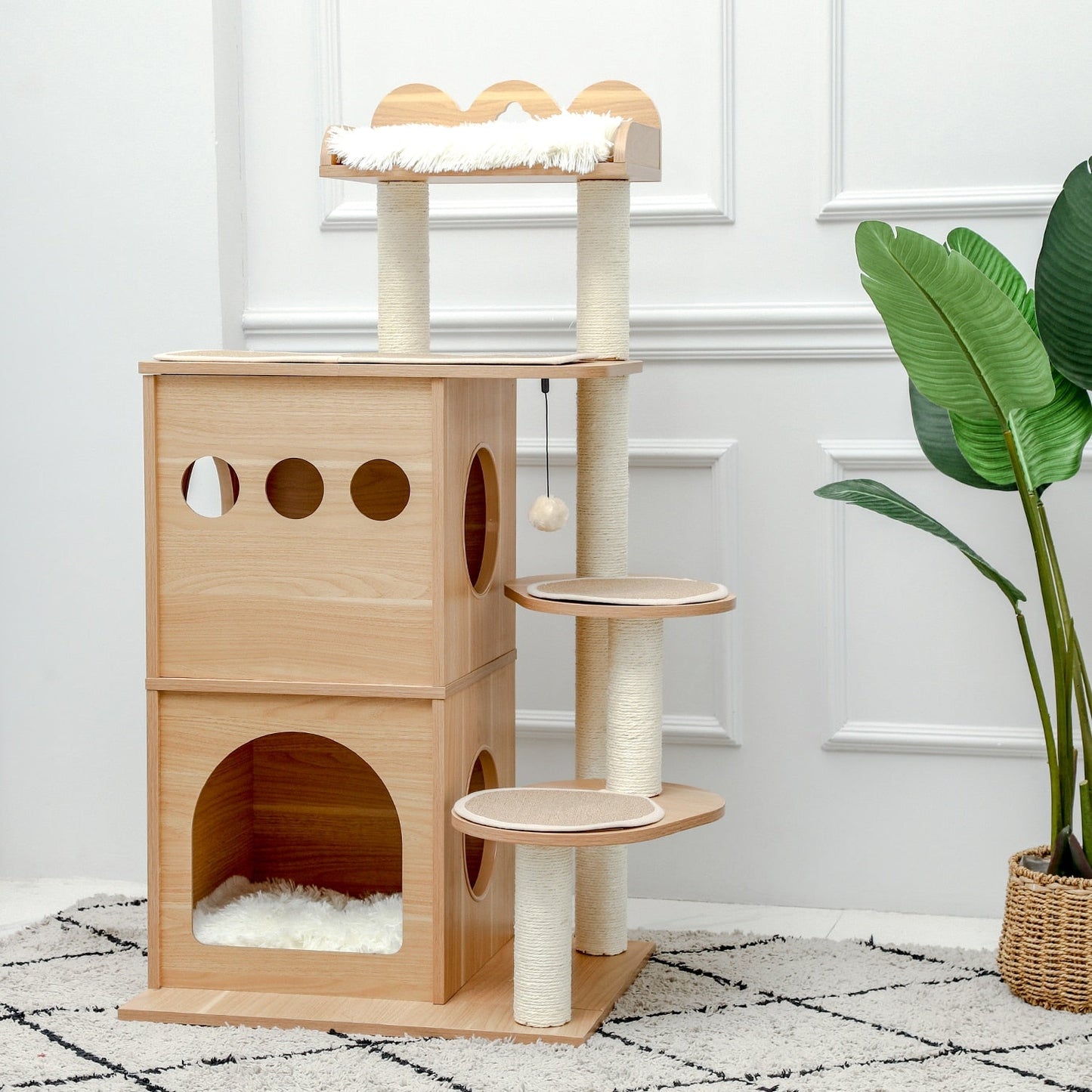 adorable nordic design cat tree with two enclosed cat beds