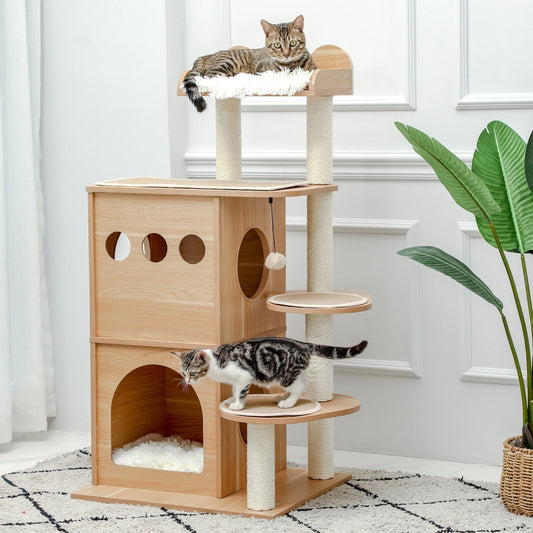 minimalist wooden cat tower with three level
