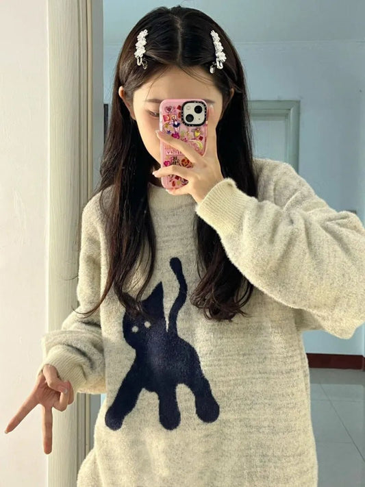 Harajuku style sweatshirt in apricot with black cat illustration