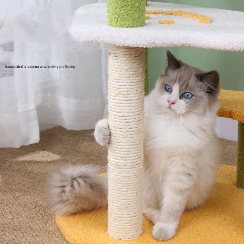a cat playing with the scrather on a modern cat tree