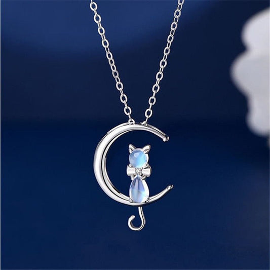 Moonstone crescent and cat necklace