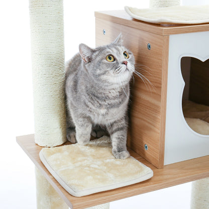 Multi Level Wooden Cat Tree With Hammock & Cat Shape Enclosed Bed