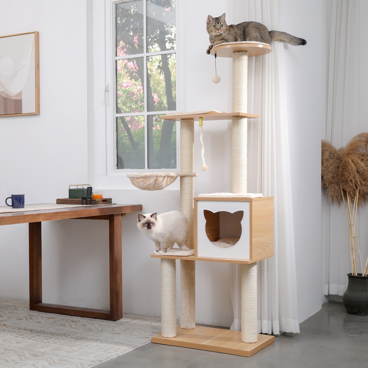 Wooden Cat Tree with Hammock & Chic Bed | Your Cat's Fancy Dreamland ...