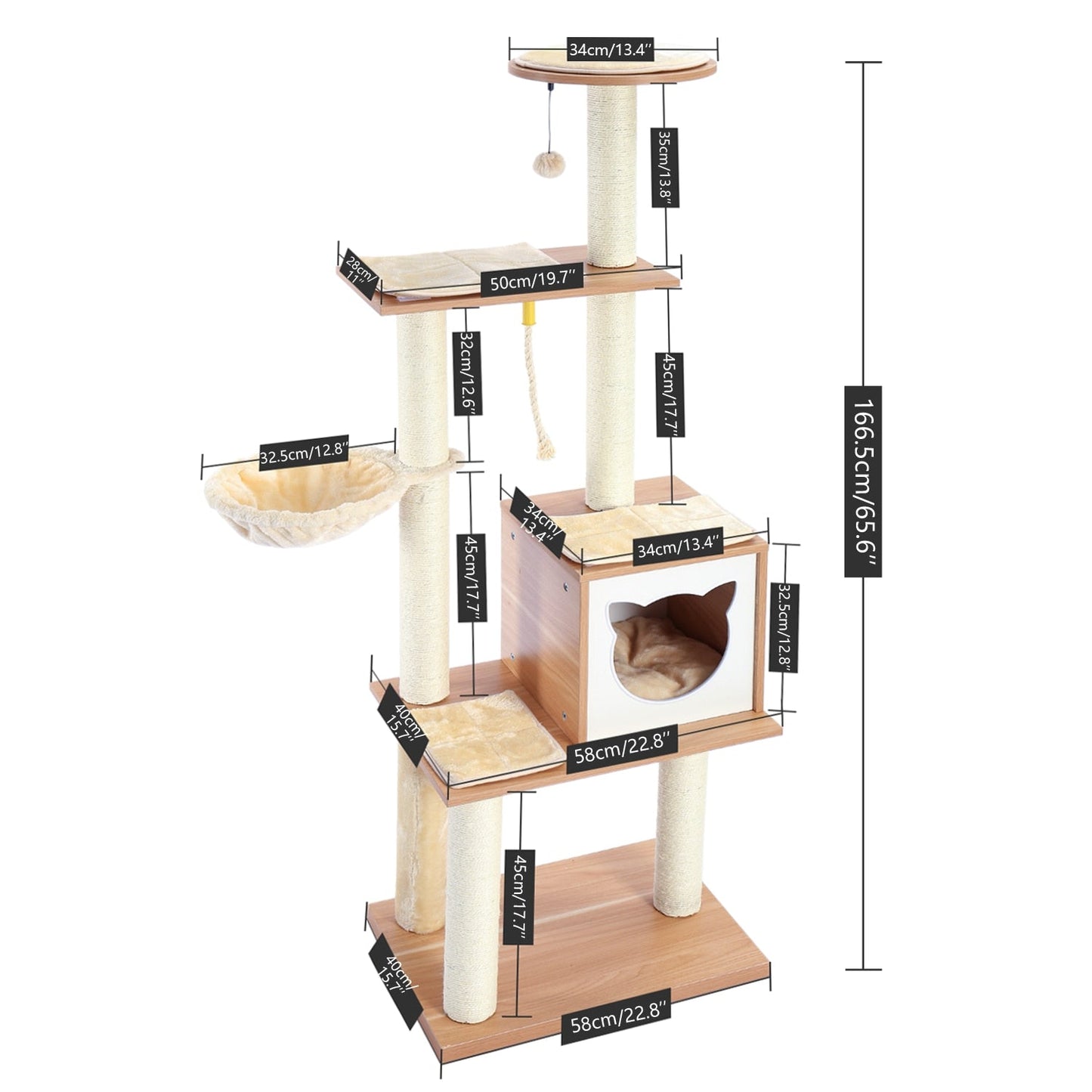 Multi Level Wooden Cat Tree With Hammock & Cat Shape Enclosed Bed