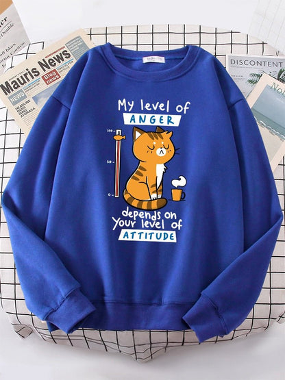 a blue funny cat sweater with an angry cat