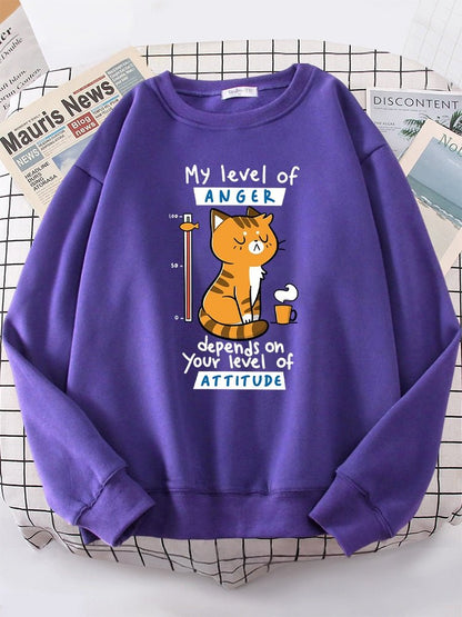 a purple cat print sweatshirt with an angry cat picture on it