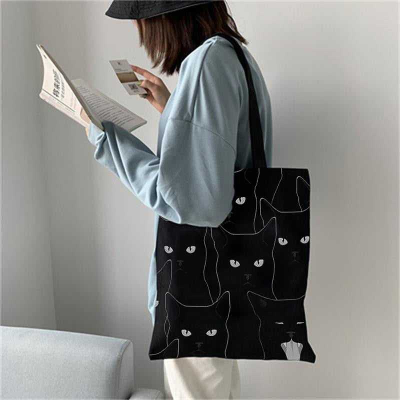 Black cat tote bag minimalist cat bag lightweight cat shopping tote bag Black Cat design Canvas Cat Bag