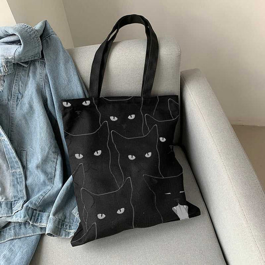 Black cat tote bag minimalist cat bag lightweight cat shopping tote bag