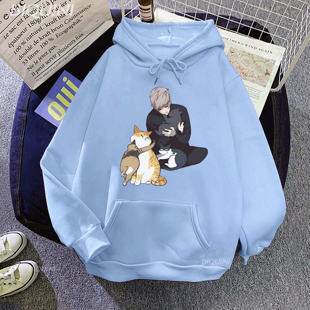 baby blue color hoodie made for men showing an emotional support cat animal hugging a man