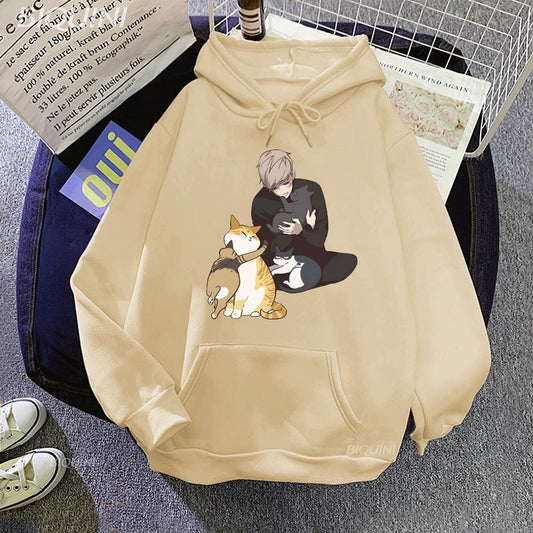 beige color cats hoodie featuring four cute cats and a man hugging each other for emotional support