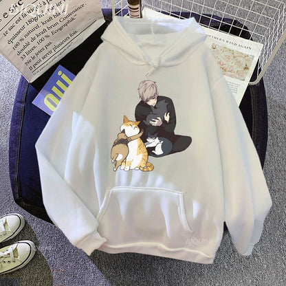 white color japanese design hoodie with a printed a group of cat and their owner hugging and cuddling