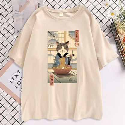 women's cat clothing with cat and ramen design in khaki color