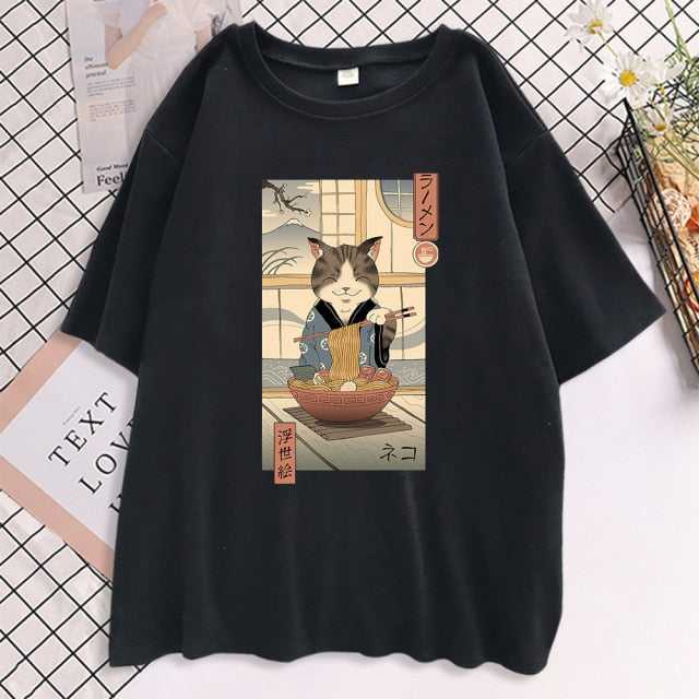 black cat shirts for women with a design of a cat eating ramen in a japanese traditional home