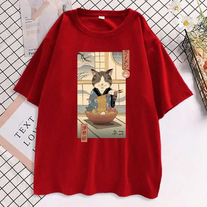 bold red cat mom t shirt with japanese inspired design