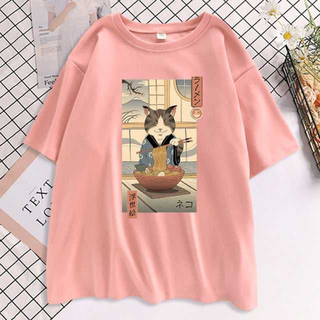 pink cat lady shirt with cat and ramen design