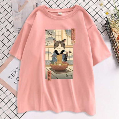 pink cat lady shirt with cat and ramen design