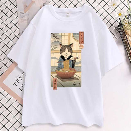 white cat tee shirts womens with ramen and cat design