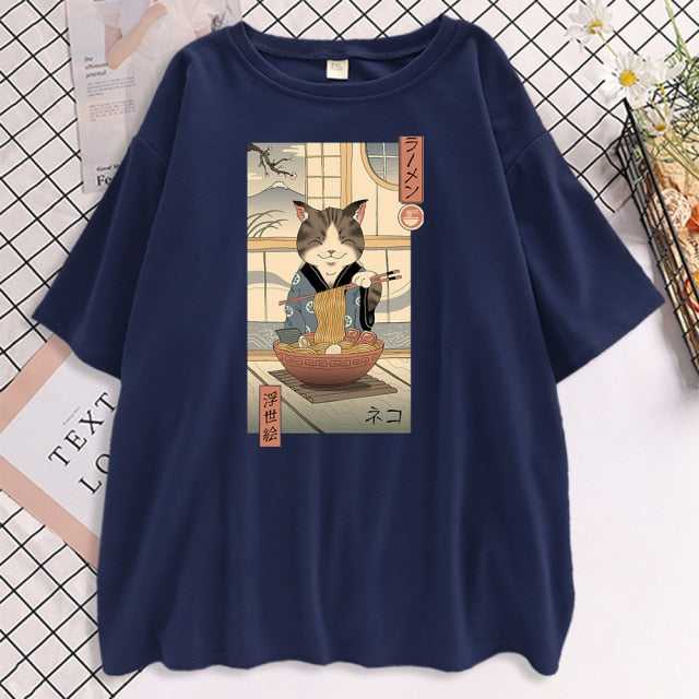dark blue cat t shirts for women with the design of japanese cat eating ramen