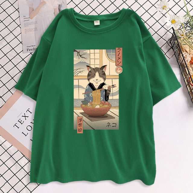 green cat tee for female with a design of cat eating ramen in a kimono