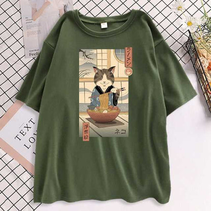 Neko Ramen Cat Print Female T shirts