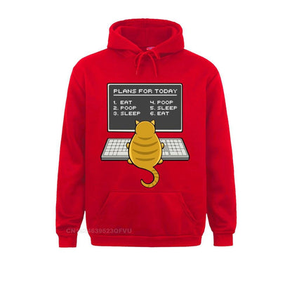 red color hoodie with hilarious picture of a cat making plans to sleep and eat