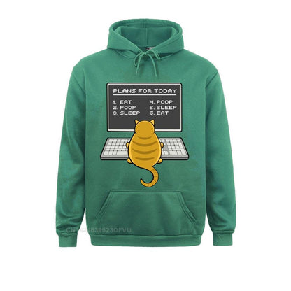 green color hoodie featuring a cat busy scheduling its day on a computer which looks funny